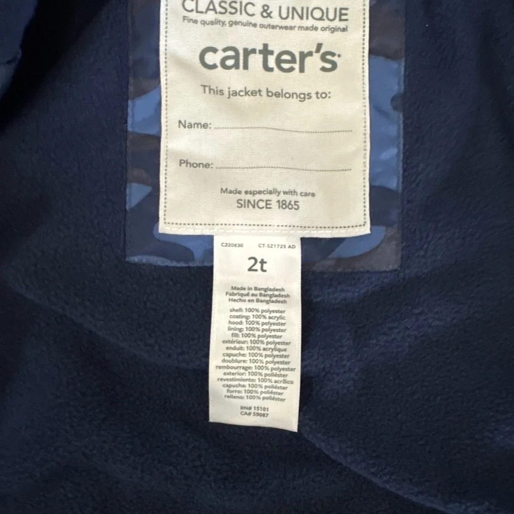NWT Carter’s‎ Boys Blue Camouflage Jacket – Size 2T